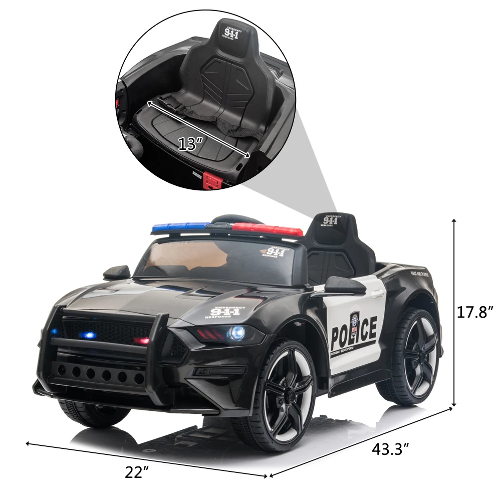 Coche deportivo de policía para niños, 12V, Control remoto de 2,4 GHZ, luces LED, sirena, micrófono, negro