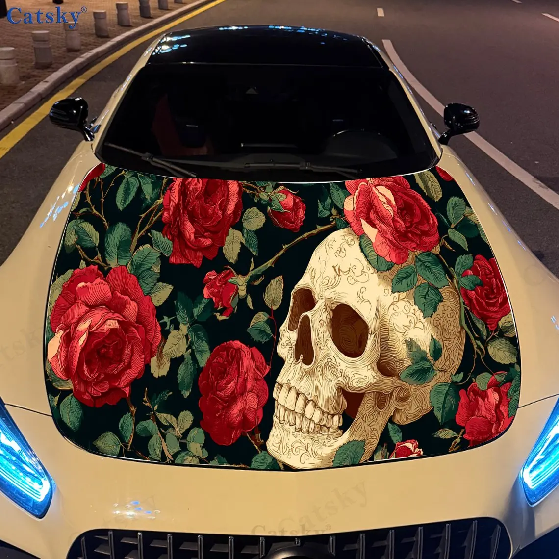 

Dynamic Rose - Skull PVC Car Vinyl Wraps, Self-Adhesive Waterproof Car Hood Decal Sticker, Car Decoration Protection Stickers fo