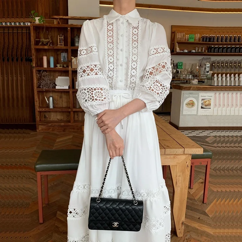 

Весна-лето, корейская рубашка-фонарики с лацканами, рукавами-фонариками, топы, юбка трапециевидной формы на шнуровке с высокой талией, белый, черный, кружевные комплекты из двух предметов