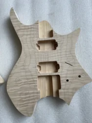 High Quality Headless Electric Guitar Body Unfinished Basswood Flame Maple Veneer with Plastic Guitar Back Plate, 6 Strings