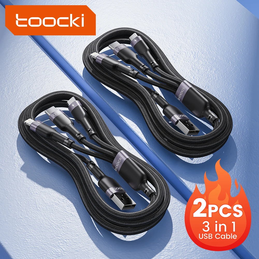 Toocki 3 in 1 USB Cable For iPhone 14 13 12 Pro Max 6A 66W Micro USB Type C Fast Charging Cable For Huawei Xiaomi 12 ViVo Oppo