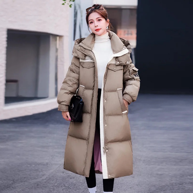 2024 Winter New Down Jacket Women White Duck Down Hooded Knee-length Coat Thickened Warm Loose Casual Stand Collar Puffer Jacket