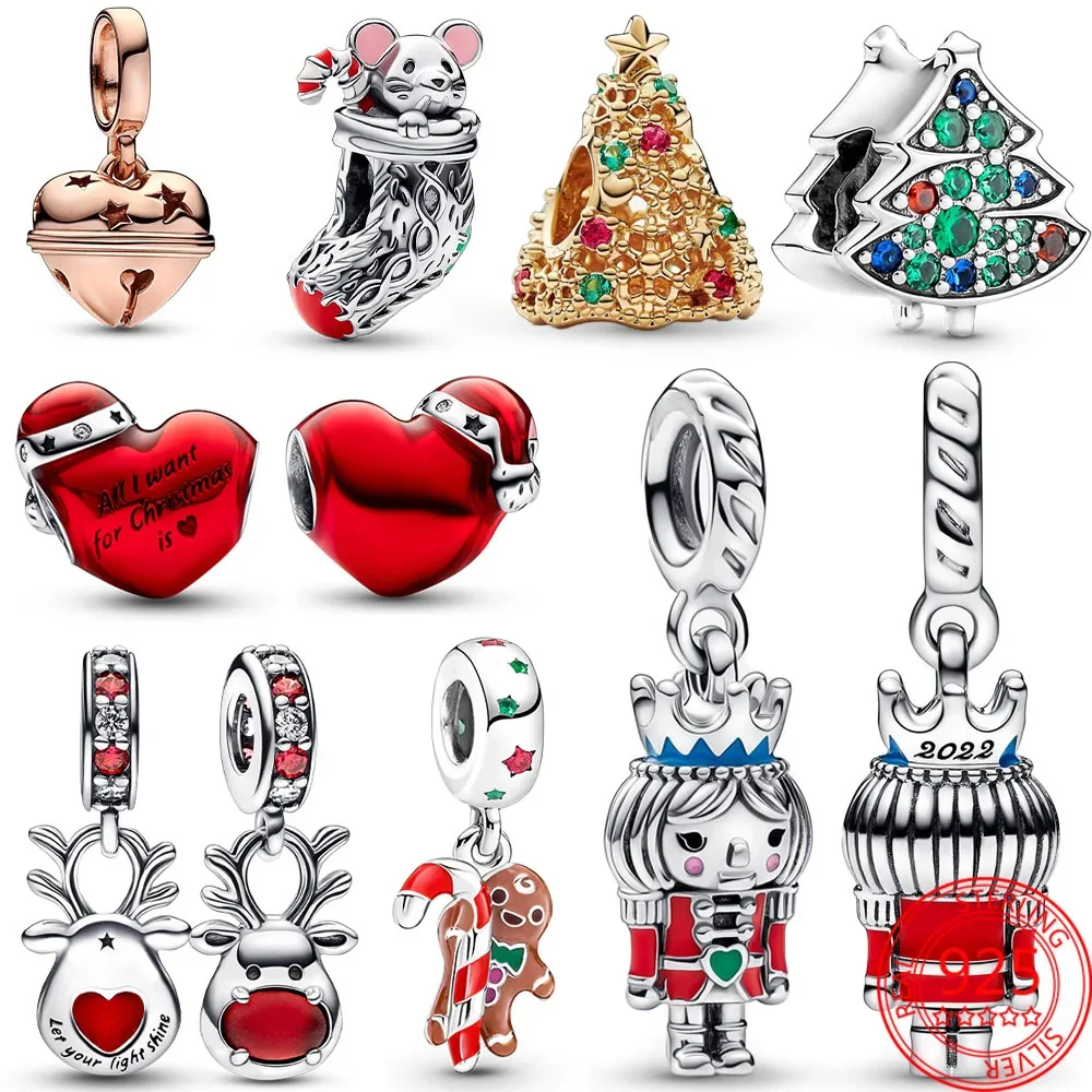 925 Sterling Silver Bell Ring, Árvore de Natal, Coração Vermelho, Elk Charm Fit, DIY Pulseira, Colares Jóias