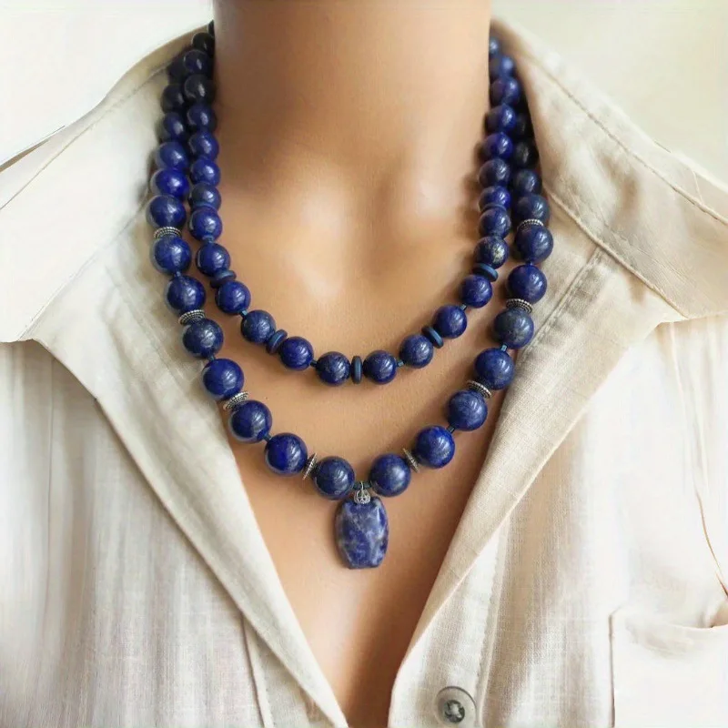 Lapis Lazuli Beaded Choker Vintage Simple Single Layer Necklace Women Gemstone Jewelry Supply