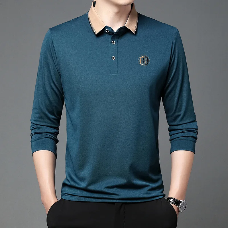 Autumn Casual All-match Men\'s Long Sleeve Polo-Neck Shirt Fashionable Embroidery Loose Solid Color Pullover Tops Male Clothes