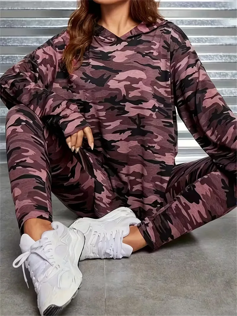 Damen Camouflage-Print Kapuzen-Trainingsanzug, Oversize Langarm-Hoodie, Jogginghose mit Bündchen, Lässige Loungewear, Zweiteiliges Outfit-Set – Detail 8