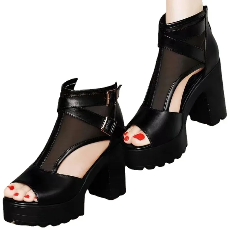 Summer 2024 New Women's Shoes Fashion Fish Mouth Mesh Breathable Thick Sole High Heel Sandals Shoes for Women Sandalias De Mujer