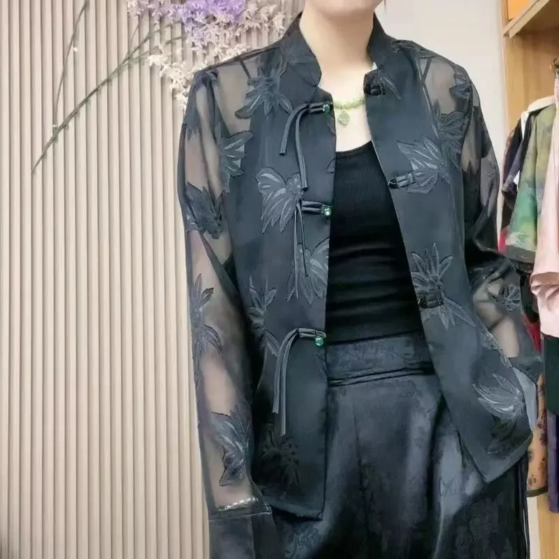 جديد الصيف النمط الصيني مشبك الوقوف طوق موضة بلون الجاكار تنوعا بأكمام طويلة النمط الصيني قميص غير رسمي