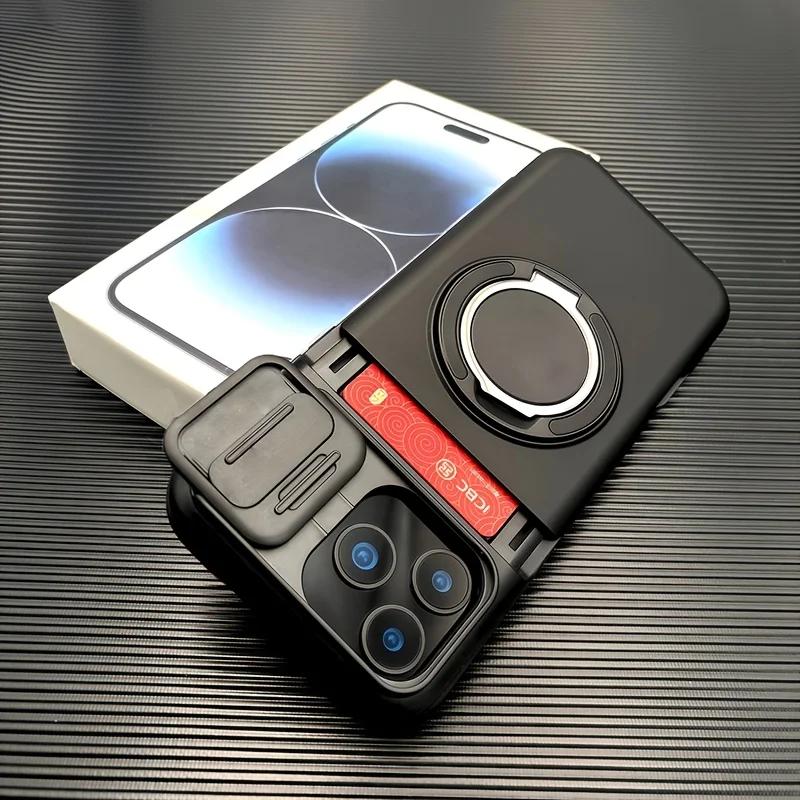 Luxury Armored Sliding Lens Cover Phone Case  for Iphone 17 16 15 14 13Pro Max 360° Rotating Bracket Insert Card Package Design