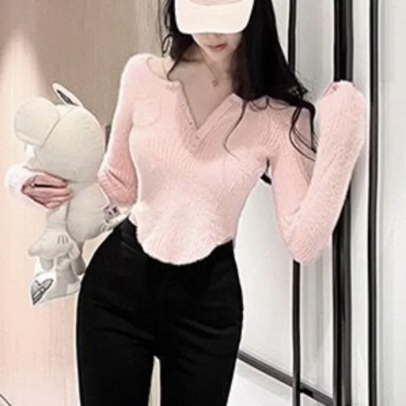 OCEANLOVE Y2k odzież damska swetry solidna V Neck jesienne ubrania zimowe seksowne swetry Slim koreański Fashion Pull Femme Vintage
