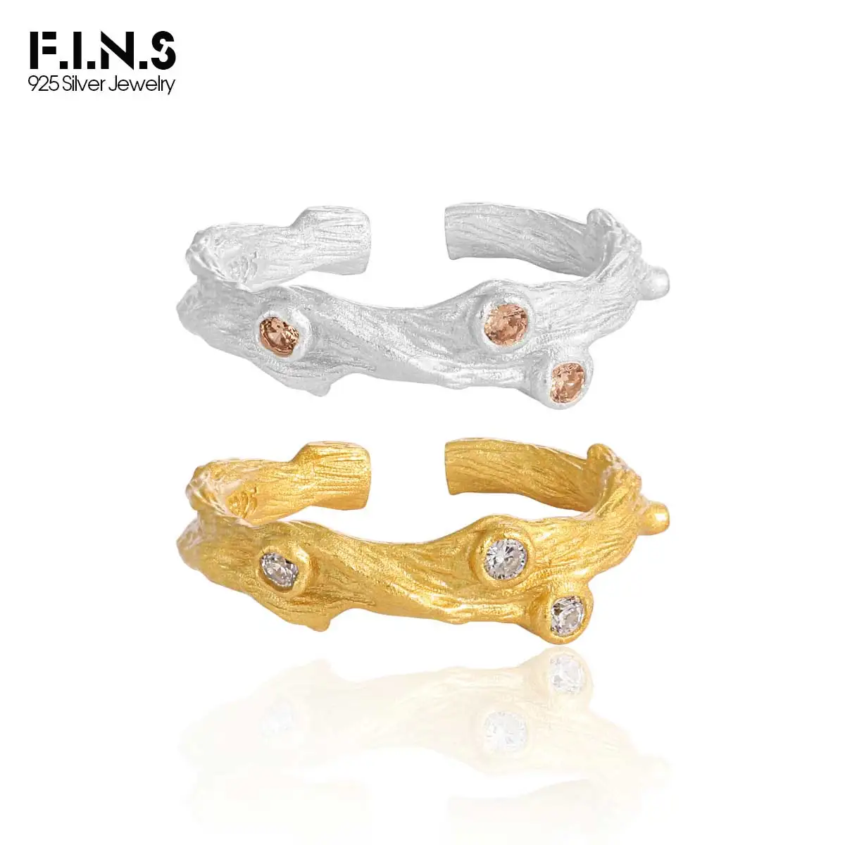 F.I.N.S Original Texture S925 Sterling Silver Zircon Rings Women Irregular Open Matte Gold Adjustable Index Mid Finger Jewelry