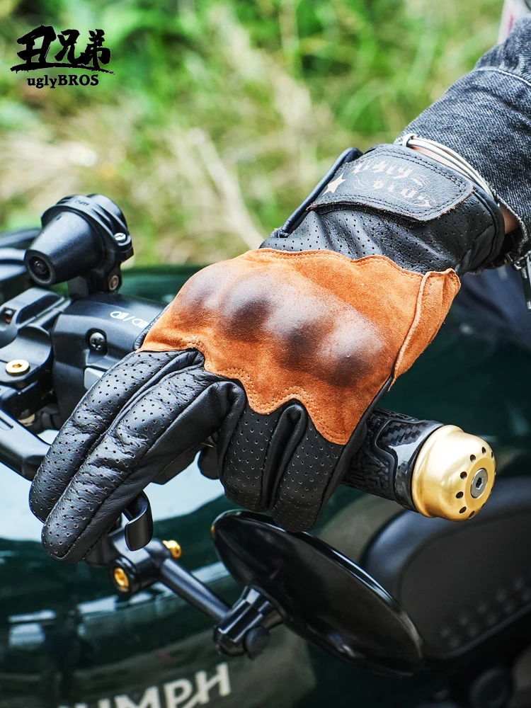 Uglybros Retro Genuine Goat Leather Motorcycle Gloves Touch Moto Gloves Unisex Breathable Windproof Spring Autumn 3 color