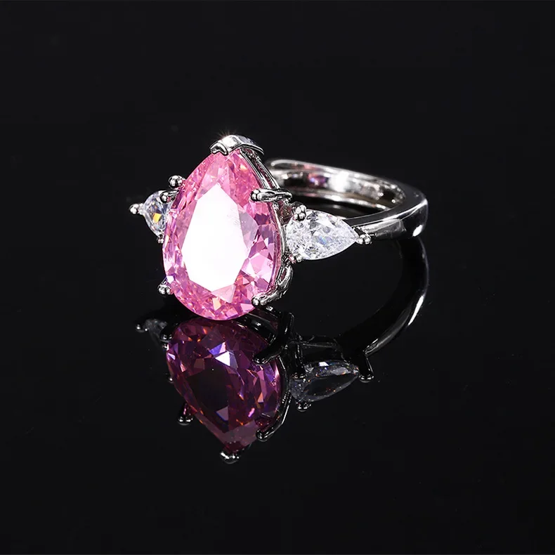 Light Luxury Simple Pink Water Drop Women's Ring Fashion S925 Silver Plated High Sense Banquet Jewelry Opening Design