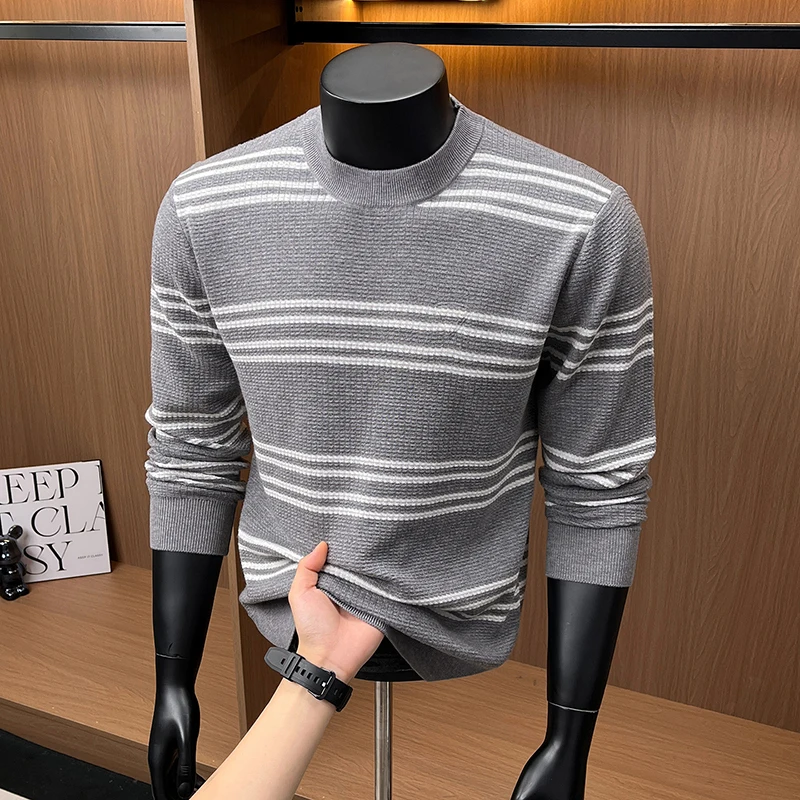 Trendy Wool Blend Jumper Men 2026 Autumn Fashion Patchwork Striped Sweater Long Sleeve Knitwear Pullover Knitting Clothes
