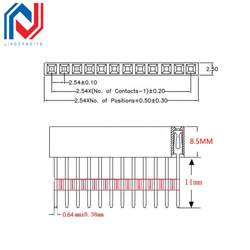 1x2/3/4/6/8/10/15ピン2.54mm女性用積み重ね可能なロングレッグ,長さ11mm,10個