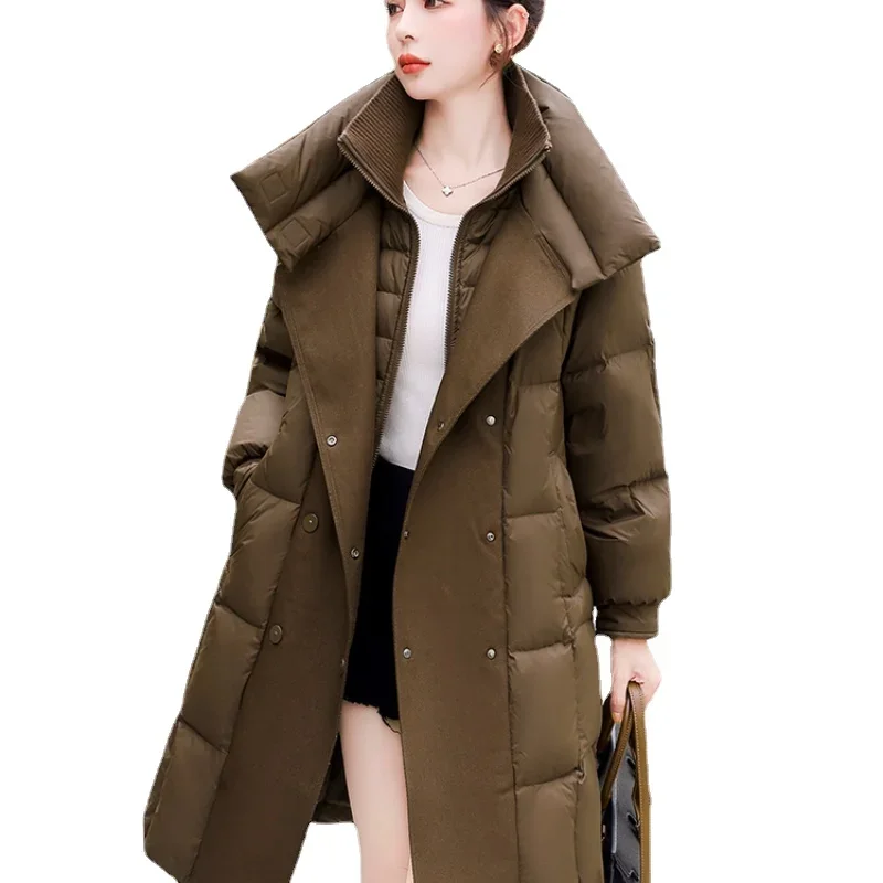 2024 Winter European Women Down Coat Thickened Loose Mid Length 90% White Duck Down Parkas Suit Collar Fashion Women Down Coat