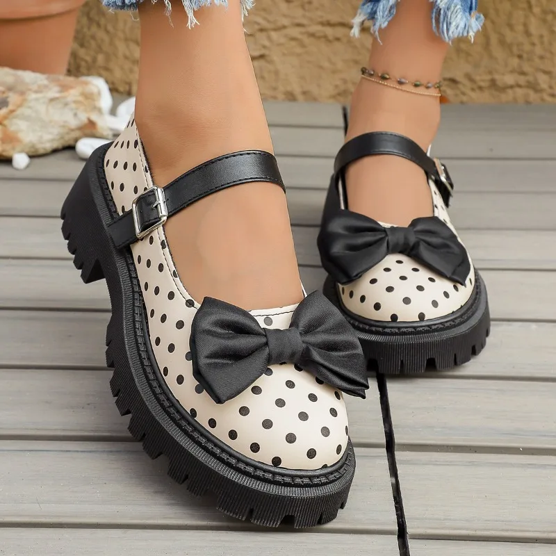 Spring Autumn Retro Polka Dot Bow Women's Mary Jane Shoes 2026 New Buckle Strap Casual Thick Soled Comfort Women Single Shoes