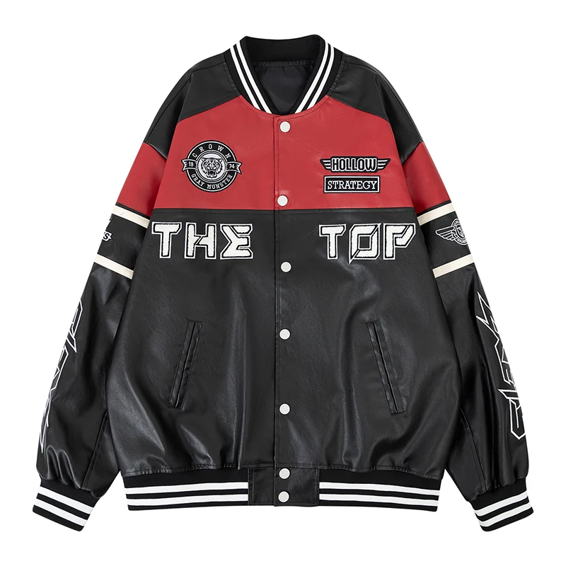 

Mens Vintage Punk Motorcycle Track Jacket Faux Leather Outerwear Unisex Varsity Demi-season Spring Coats Loose Streetwear