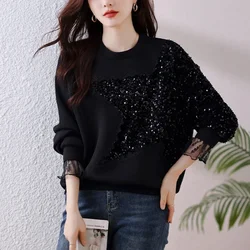 Fashion Sequined Star Long Sleeve Sweatshirt Women Autumn Streetwear Round Neck Black Versatile Casual Hoodies Soft Loose Tops