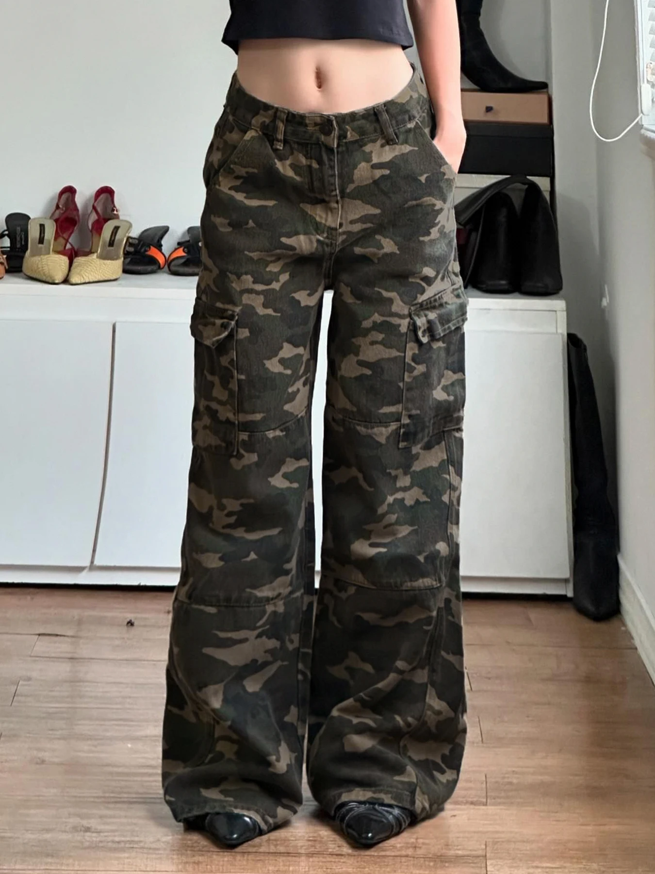 Cuteandpsycho Retro Camouflage Loose Cargo Pants Low Waisted Fashion Y2K Safari Style Jeans Streetwear Pockets Cotton Bottoms