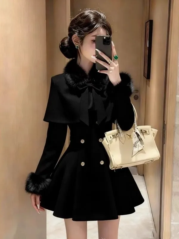 

Пальто-накидка с меховым воротником для женщин, осенне-зимний модный комплект из двух предметов: мягкий полиэстеровый плащ А-силуэта и платье, для повседневной носки и свиданий