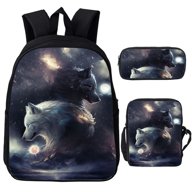 Cosmic Wolf Mochilas Crianças Mochila 3 pçs Conjunto Crianças Bookbags Adolescente Bolsa para Laptop Meninos Meninas Saco de Escola Saco de Almoço Estojo de Lápis