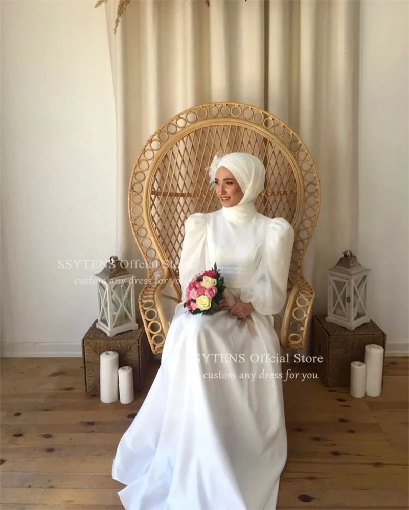 SSYTENS High Quality Ivory Wedding Dresses Puff Sleeve Satin Civil Bridal Gowns Customized Bride Dress Muslim robe de mariée