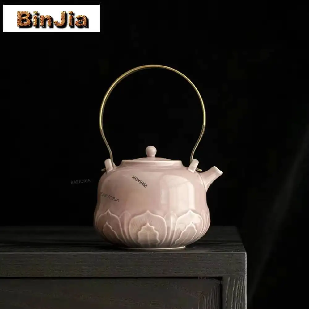 380ml Retro Purple Red Glaze Tea Pot Lotus Petal Loop-handled Pot Tea Making Large Capacity Infusion Kettle Teahouse Accessories