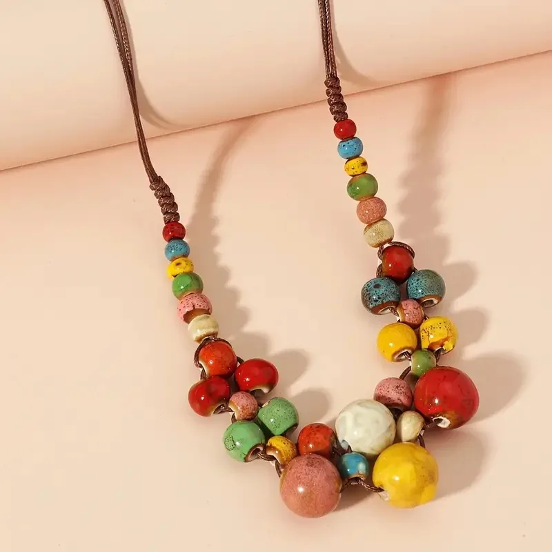 2025 Fashionable ethnic style beaded ceramic bead necklace bohemian necklace crushed stone color choker for women gift