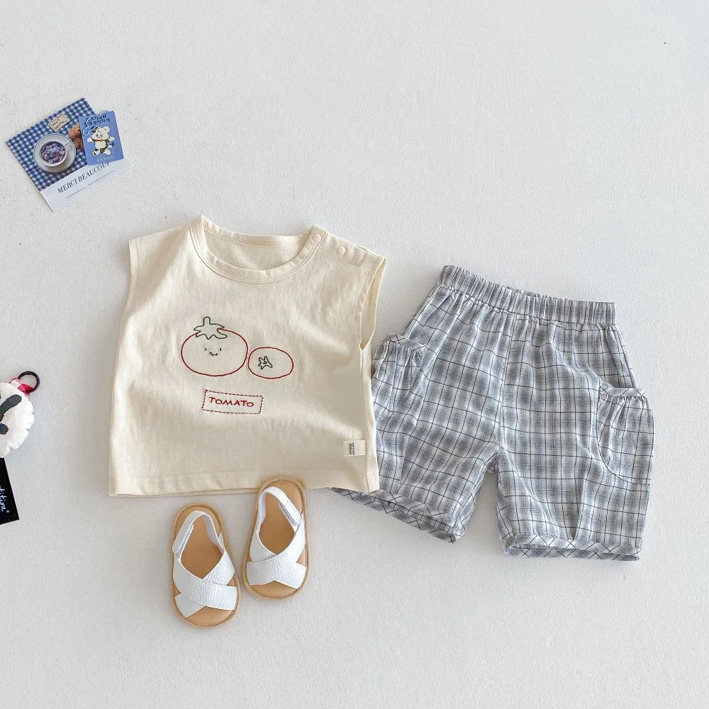 

2025 Summer Children Boy Clothes 0-5Years Toddler Kids Sleeveless Vest Tops Elastic Waist Plaid Shorts Casual Outfits Tracksuit