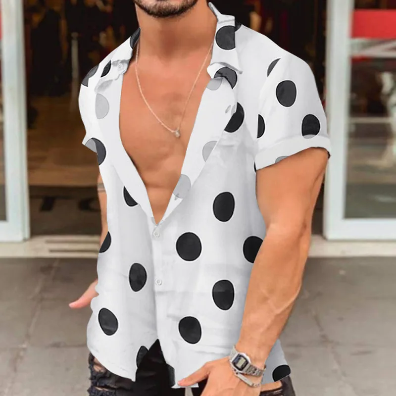 Men's fashionable urban sexy Hawaiian beach polka dot slim fit versatile printed short sleeved shirt paired with floral shirt