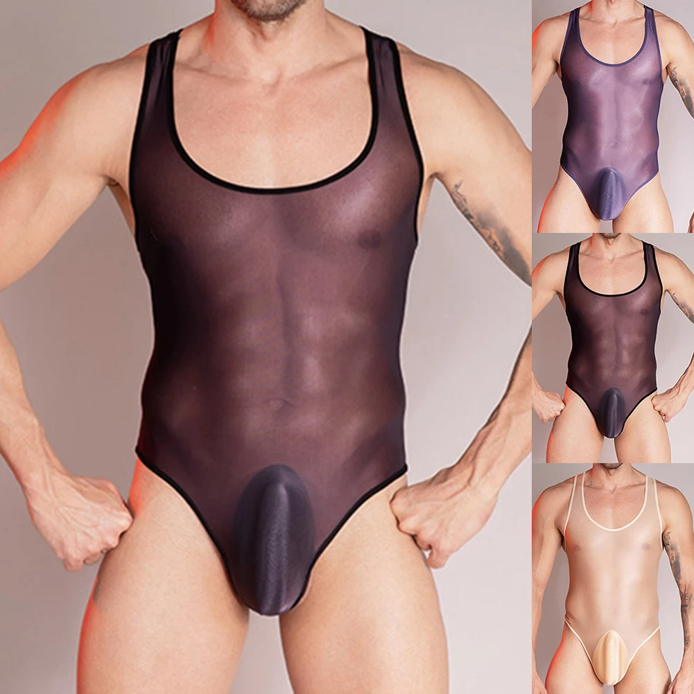 Mens Sexy Stretchy Thong Leotard Solid Swimwear High Elastic Bodysuit Male See Through Lingerie Breathable Underwear