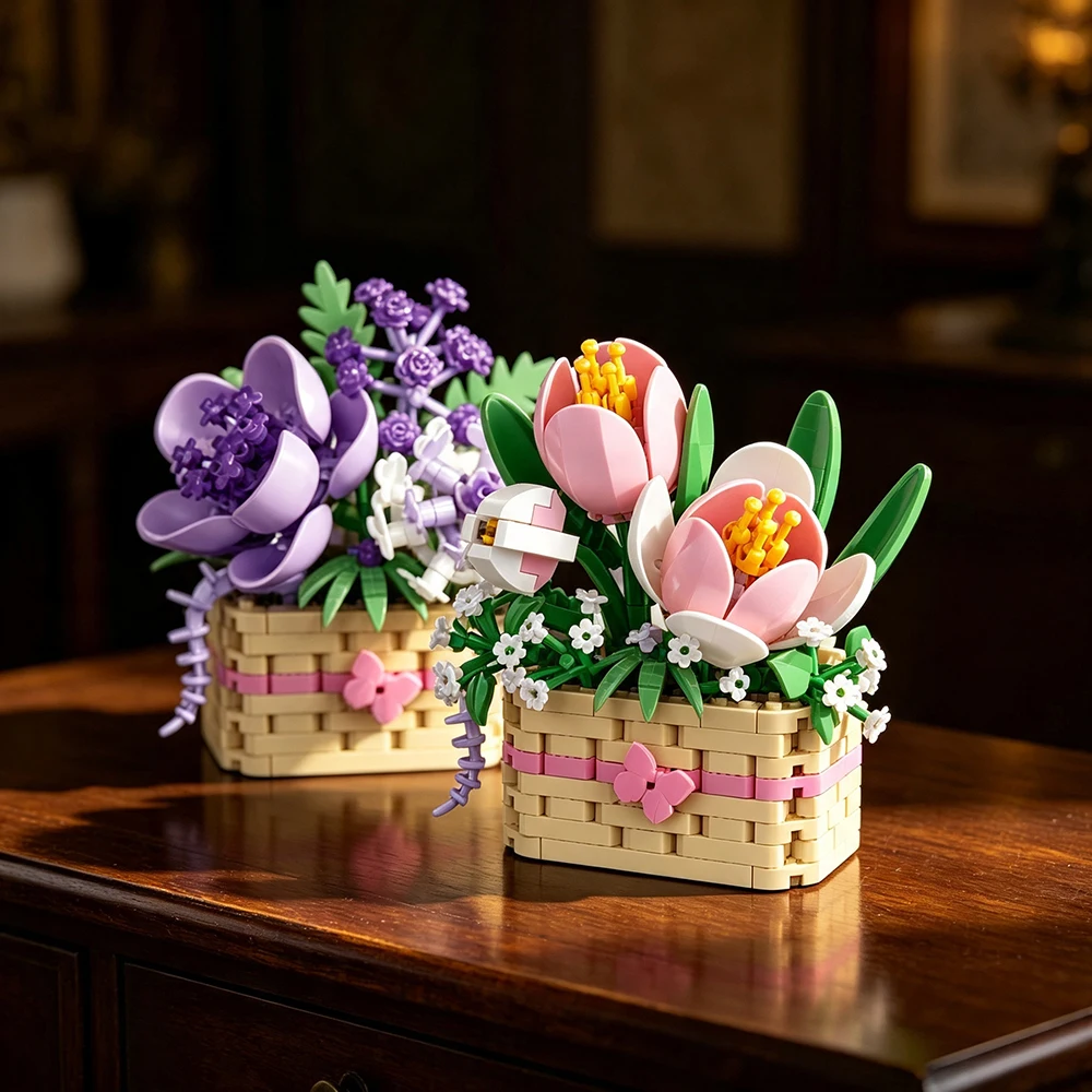 Multiple Styles Flower Basket Blocks Set DIY Artificial Floral Woven Basket Home Desktop Decor Ornament Creative Gift for Adults