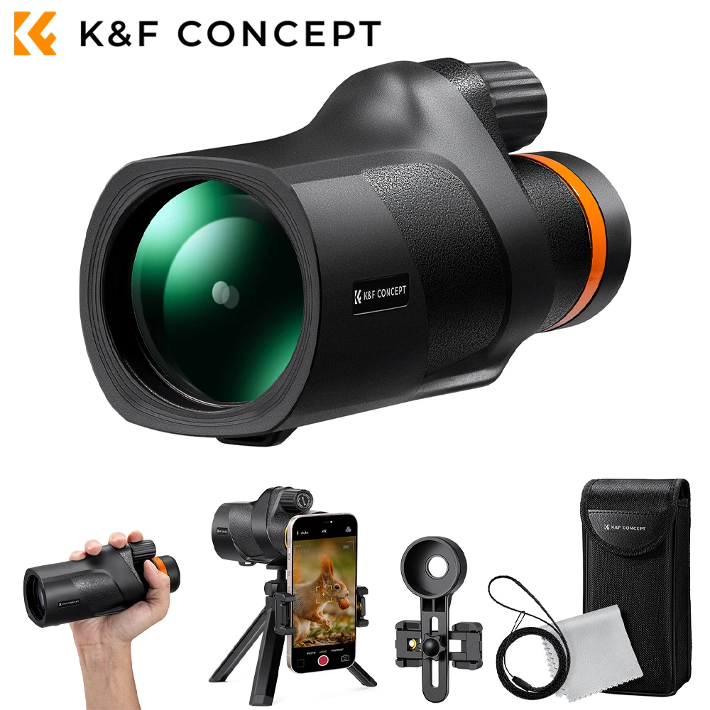 K&F Concept Outdoor 12X50 Monocular Telescope IP68 Dust-Proof Waterproof HD Monocular for Adults with Phone Holder and Tripod