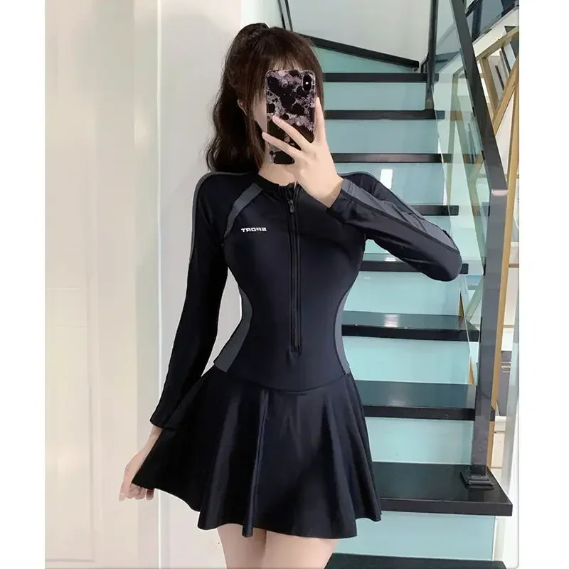 Fashion Korean Style Swimsuits Women All Match Long Sleeve Lady Swimwear Sexy Fashion Dress Patchwork Y2K Female Clothes L156