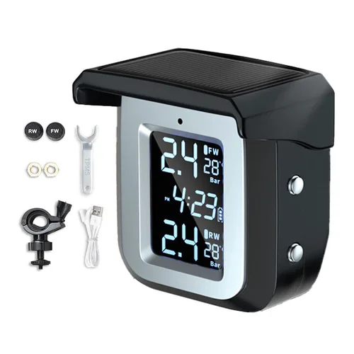 Detector de presión de neumáticos Solar para motocicleta, sistema de monitoreo de presión de neumáticos inalámbrico, impermeable con 2 sensores externos