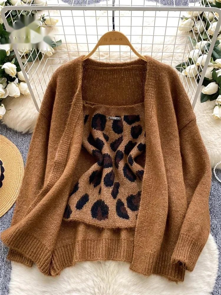 

Winter Leopard Sexy 2Pcs Sets Full Sleeves Simple Cardigan+Chic Short Camisole Autumn Ladies Streetwear Knitting Sets