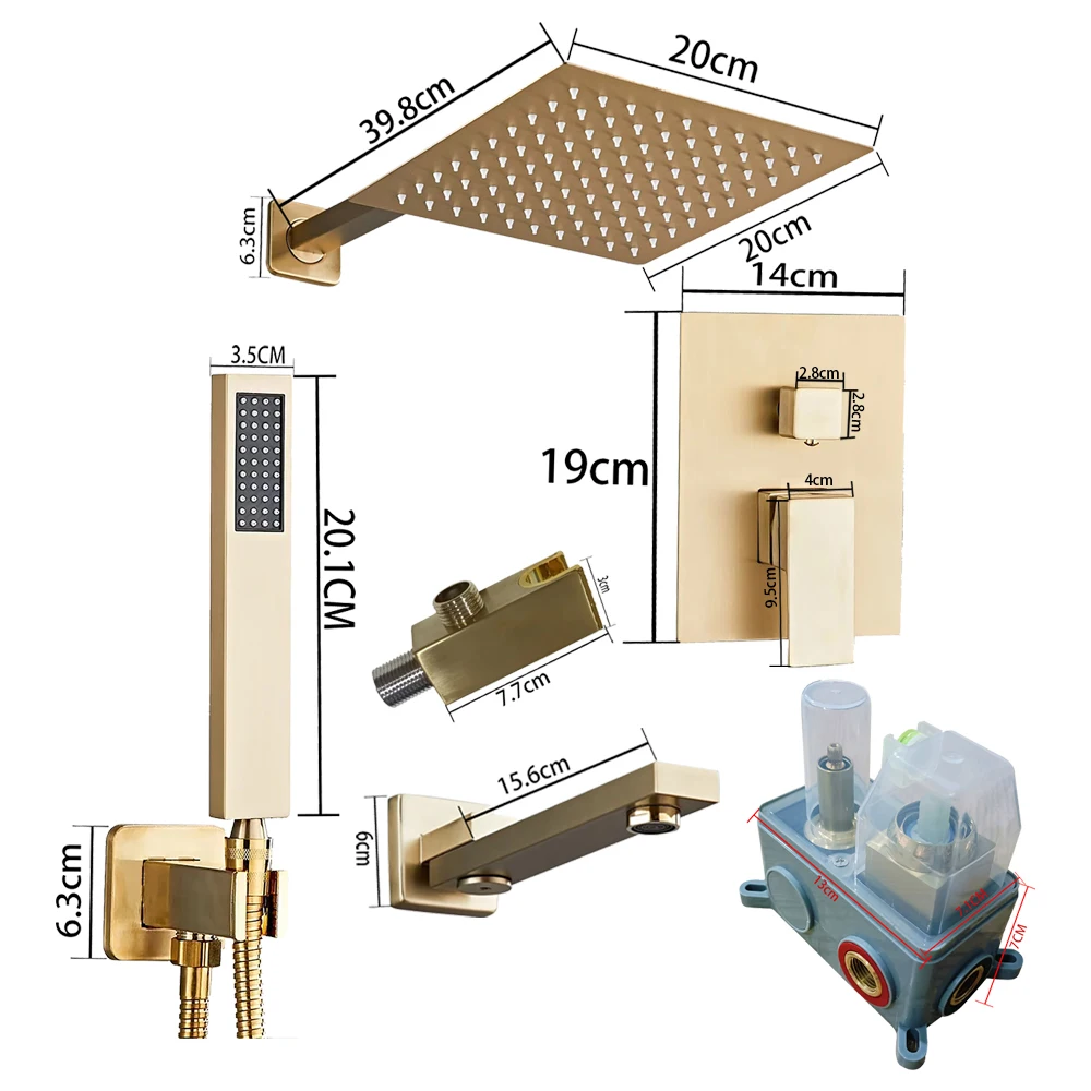 Imagem -06 - Escondido Banheiro Rainfall Shower System Grupo Misturador de Banho em Cachoeira Conjunto Completo Escovado Torneiras de Ouro Modos 10 12 Top Latão Banheiro Chuva Quente e Fria Sistema de Chuveiro