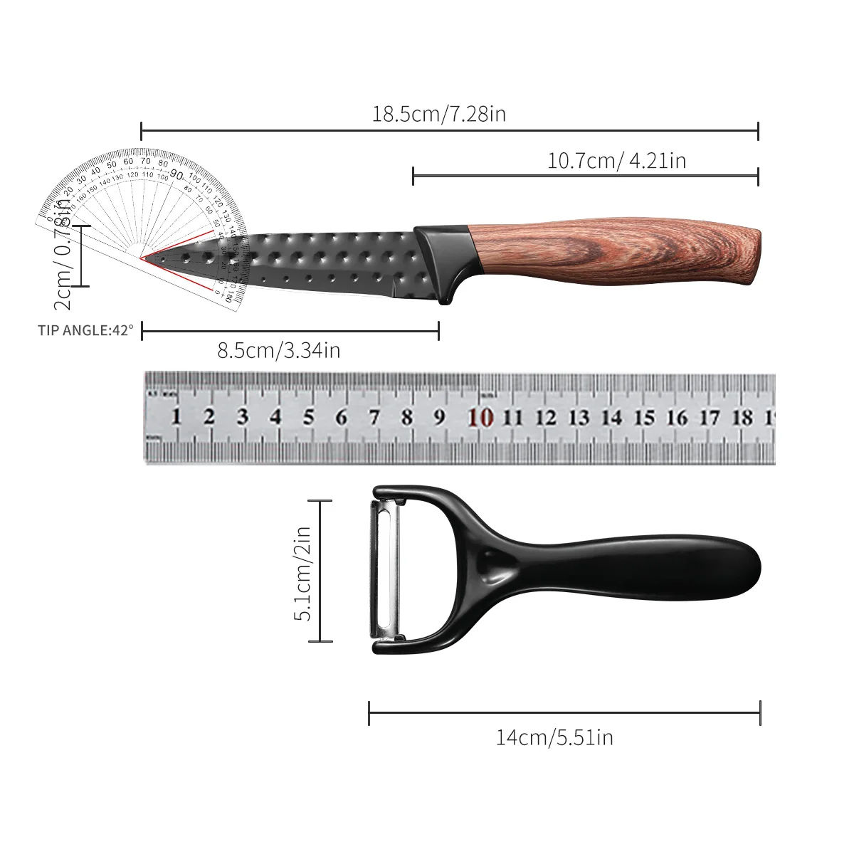 Stainless Steel Fruit Knife Paring Knife Two-Piece Set Imitation Wood Grain Non-Stick Knife Kitchen Fruit Knife Melon Planer Household Set Sharp Antibacterial