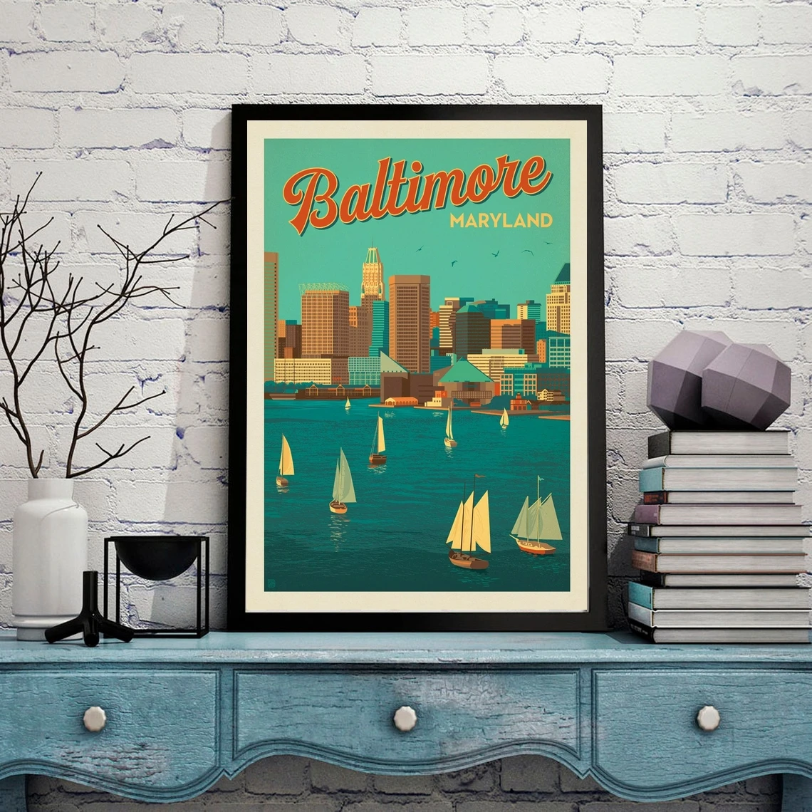 ملصق فني من بالتيمور ميريلاند، طباعة هاربور فيو عتيقة، ديكور جدار غرفة النوم فوق السرير، ملصق سفر ريترو مؤطر، أمريكا