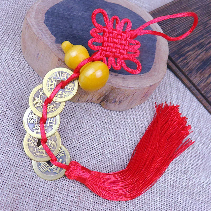 Chinese Knot Tassel China Mascot Lucky Charm Ancient Coins Gourd Pendant Prosperity Protection Good Fortune Metal Car Decoration