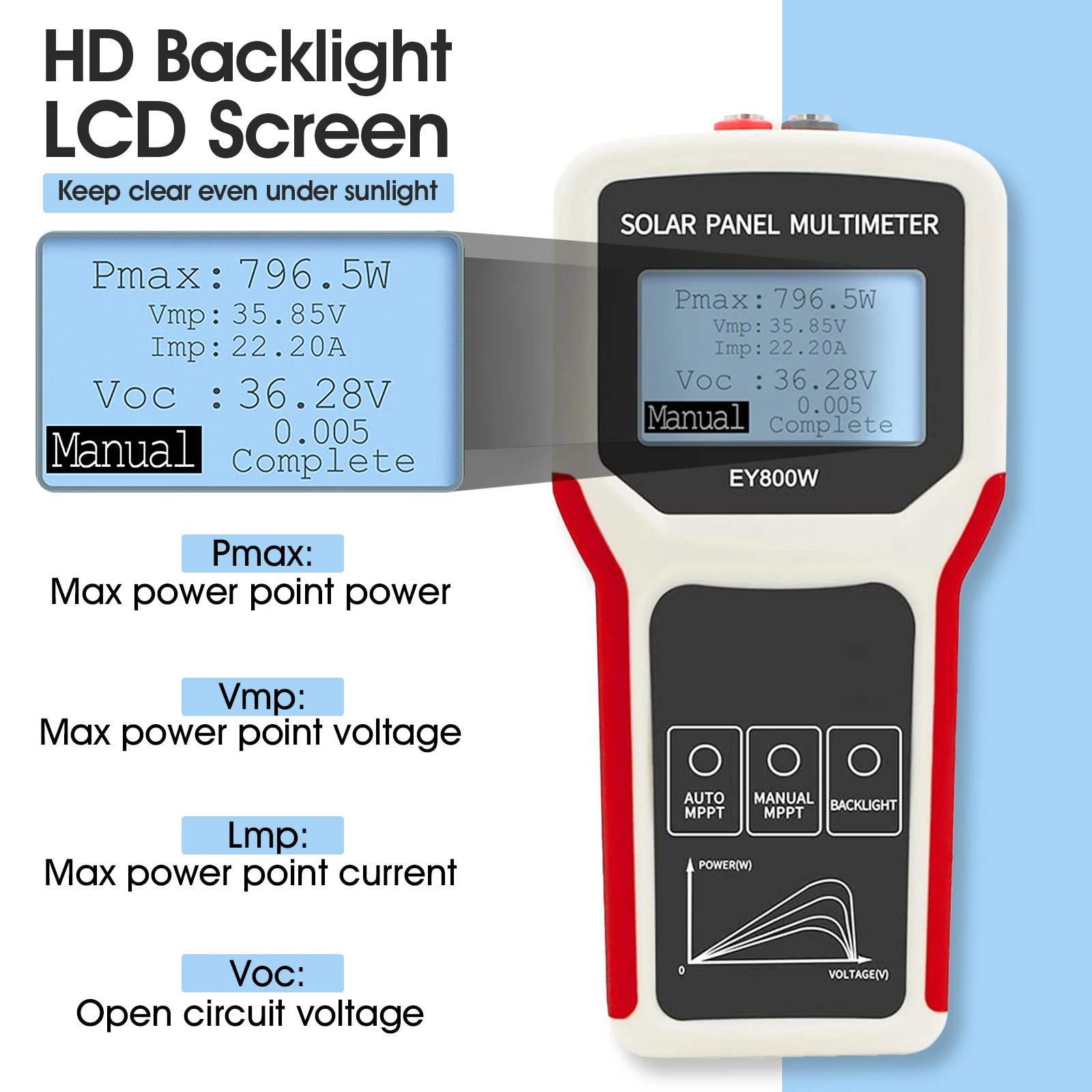 Solar Panel Tester Photovoltaic Multimeter with Ultra Clear LCD Troubleshooting Utility Tool for Solar PV Testing (LCD 800W)