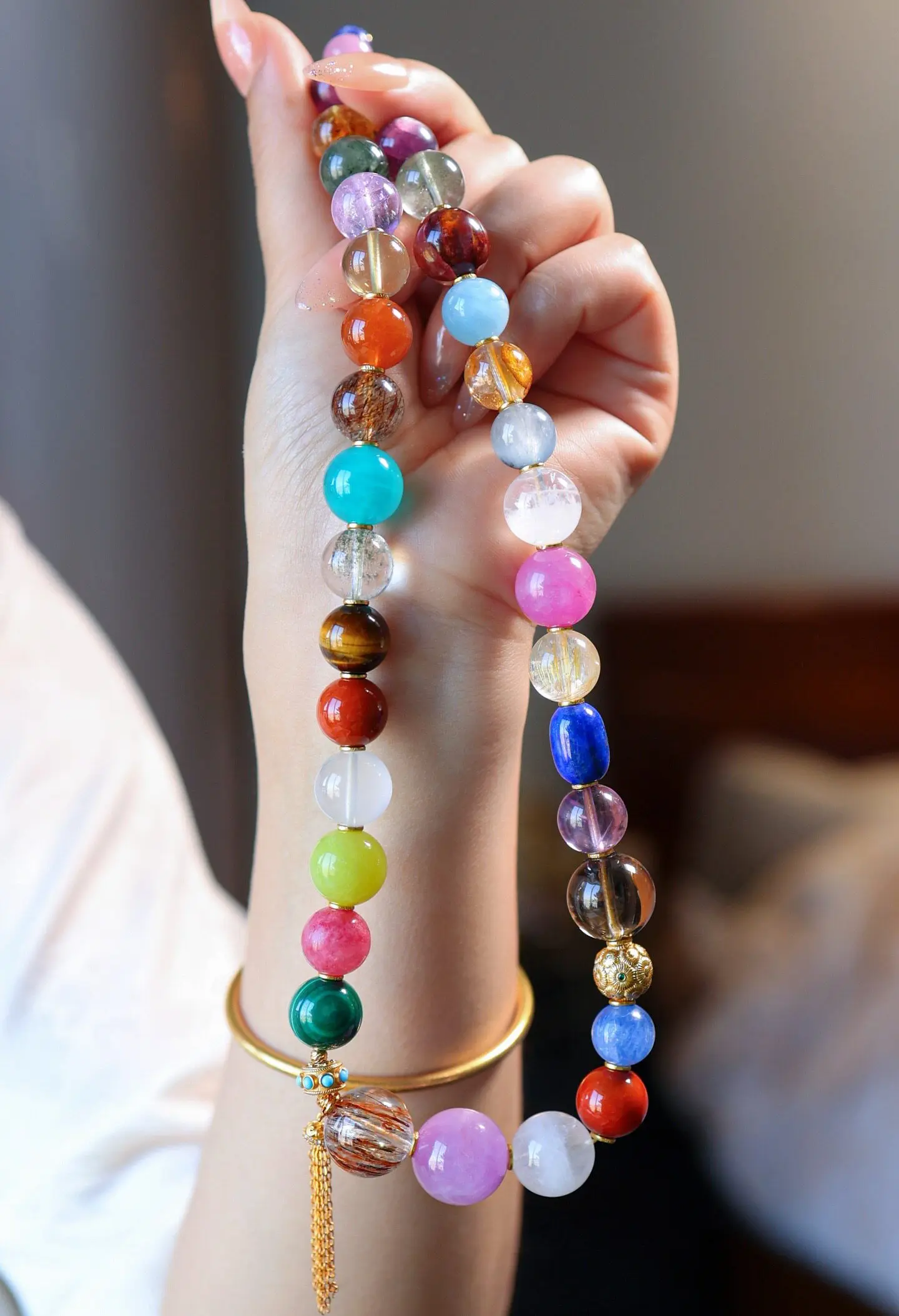 Natural Multi-Gemstone Necklace Rainbow Mixed Crystal with Nanhong Amazonite Aquamarine S925 Gold Plated Gift
