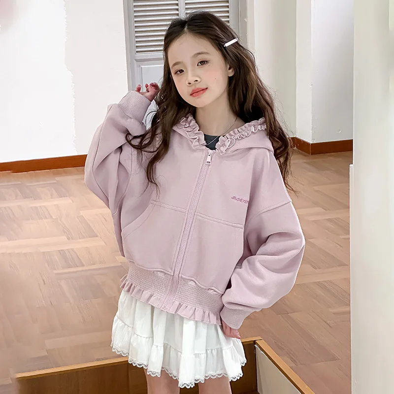 

School Girls Autumn Coat Teenager Girls Ear Edge Hooded Jacket Solid Color Long Sleeves Versatile Children Girls Outerwear
