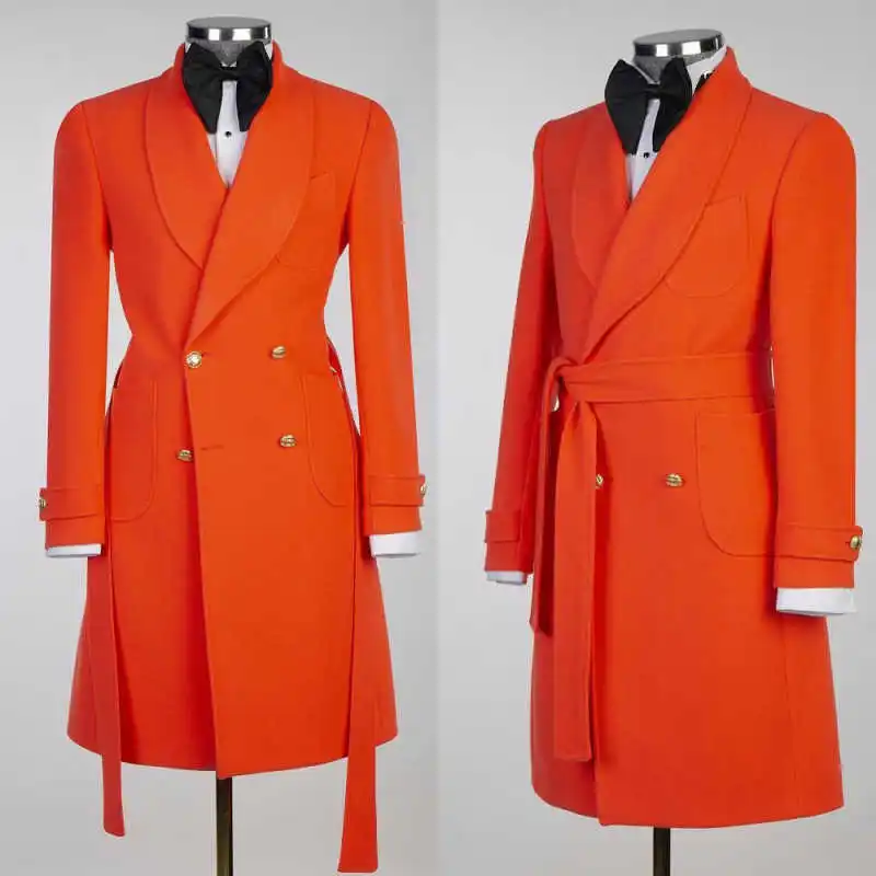 

Cashmere Men Long Overcoat 1 Piece Blazer With Belt Wedding Tuxedo Winter Office Warm Outerwear Male Prom Jacket Customized