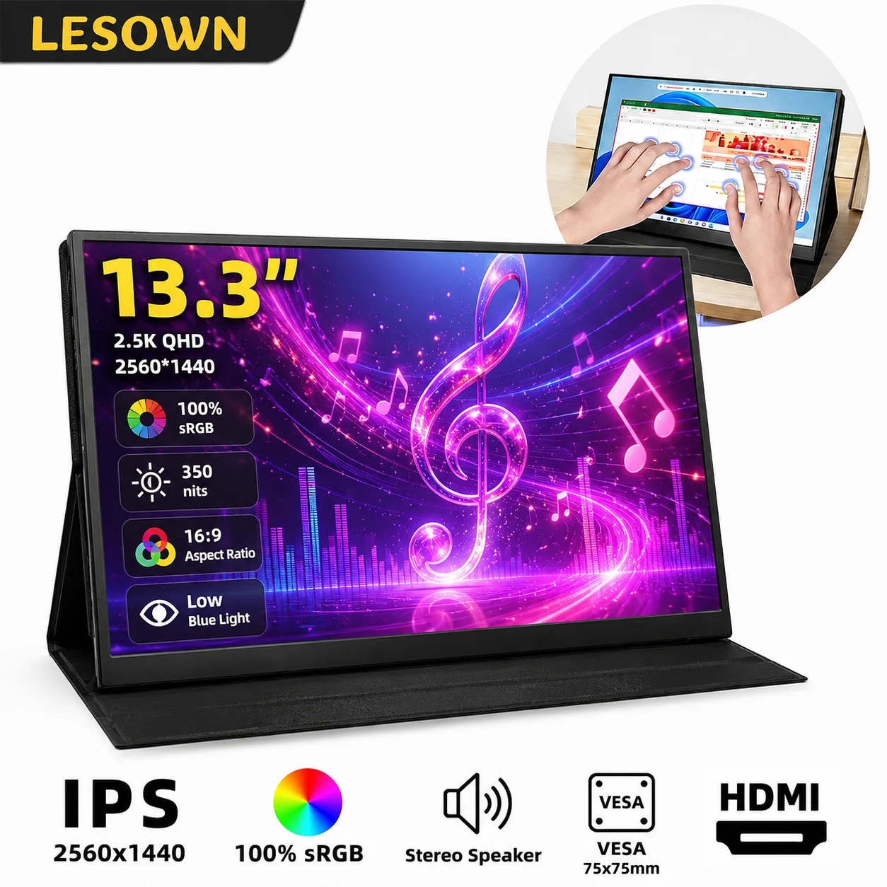 LESOWN 2.5K 13.3" Portable Monitor IPS LCD Travel Screen Plug & Play Extended Display for Laptop