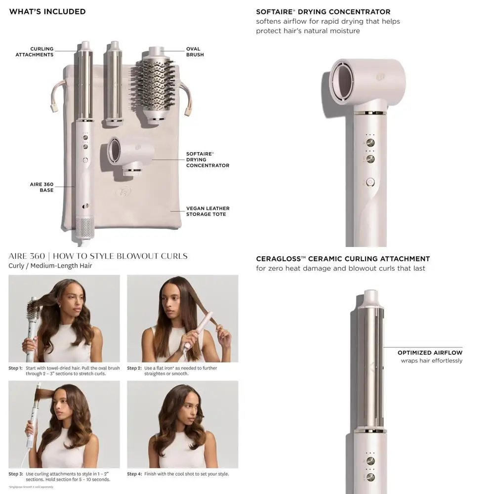 

Фен с 360-градусным вращением и регулировкой скорости, в комплекте с люксовым чехлом, набором для завивки, овальной щеткой и насадкой-концентратором для укладки и создания локонов