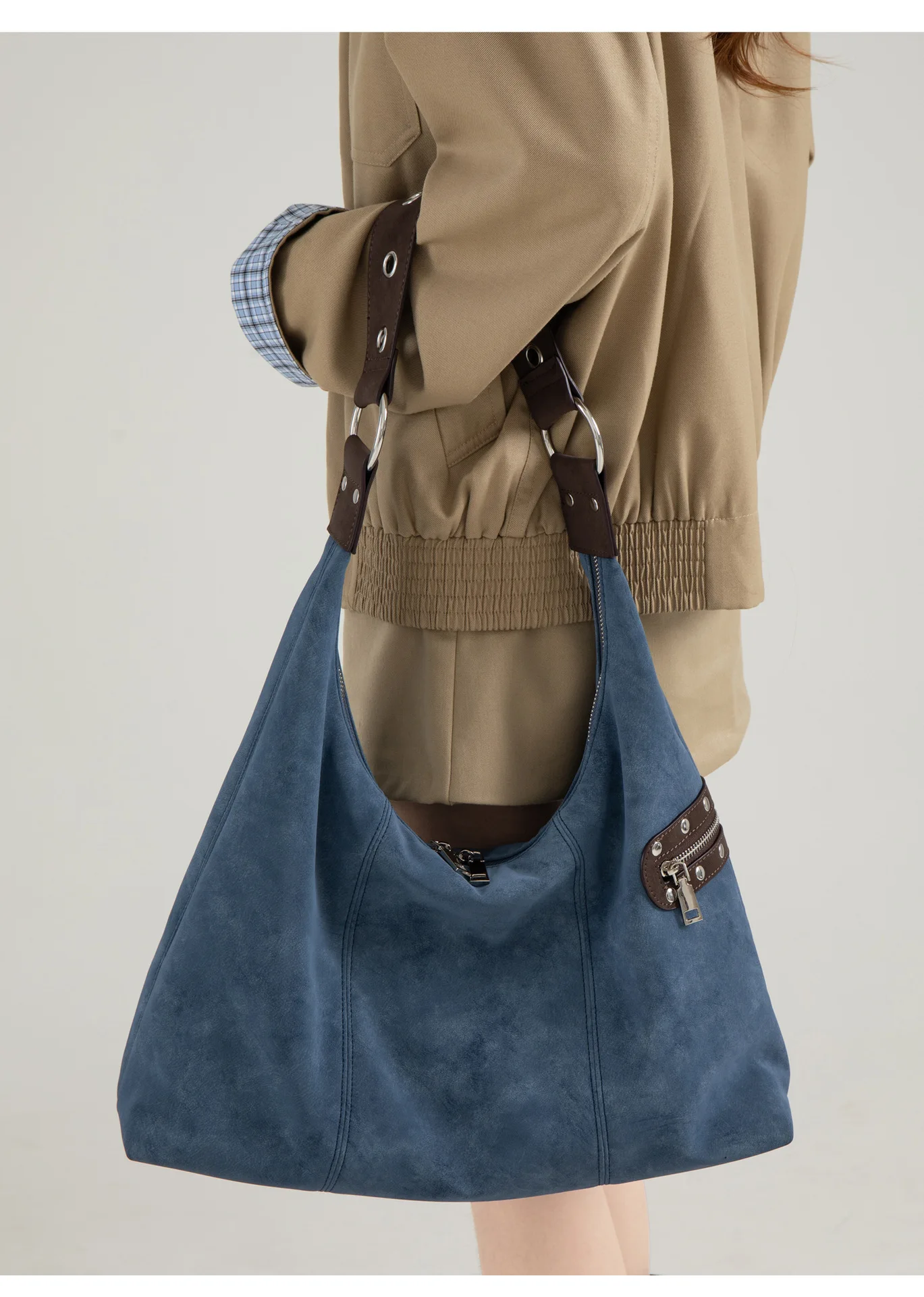 Women Daily Commute Suede Velvet Shoulder Bag Korean Vintage Large Hobo Bag Rivet Strap School Travel Shopping Crossbody Tote