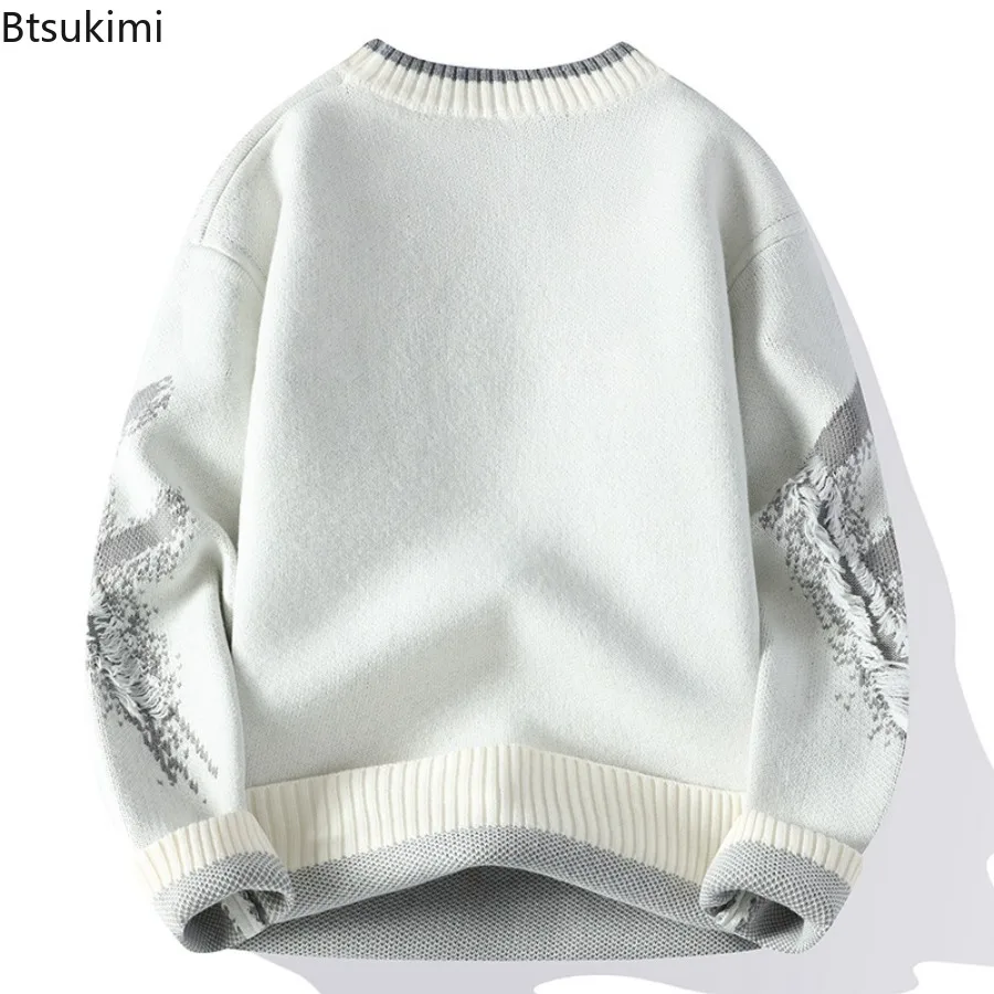2025 Autumn and Winter Men's Contrast Color Sweater Tassel Hole Round Neck Knitted Warm Sweaters Casual Fashion Pullover Tops