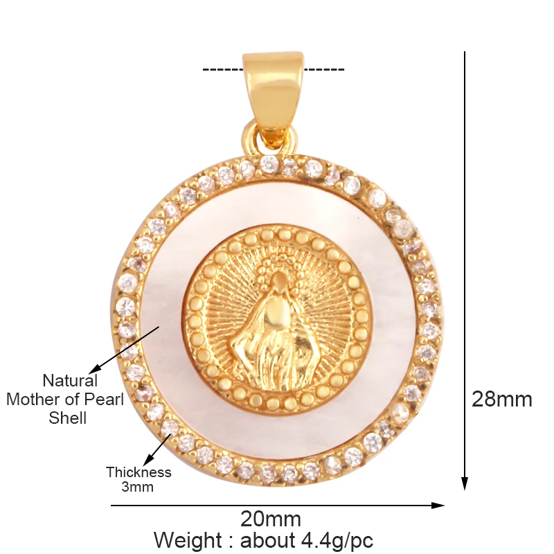 Round Shape Medal Virgin Mary Catholic,Holy Natural Mother of Pearl Shell Agate Malachite Tiger Eye Pendant Charm